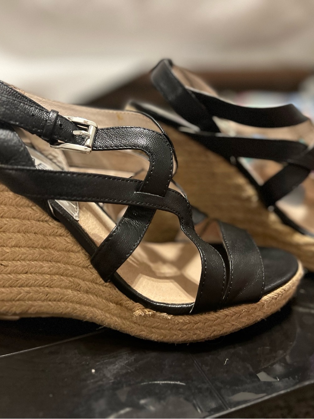 MICHAEL Michael Kors Black Leather Strappy Wedge Sandals - Picture 2 of 5